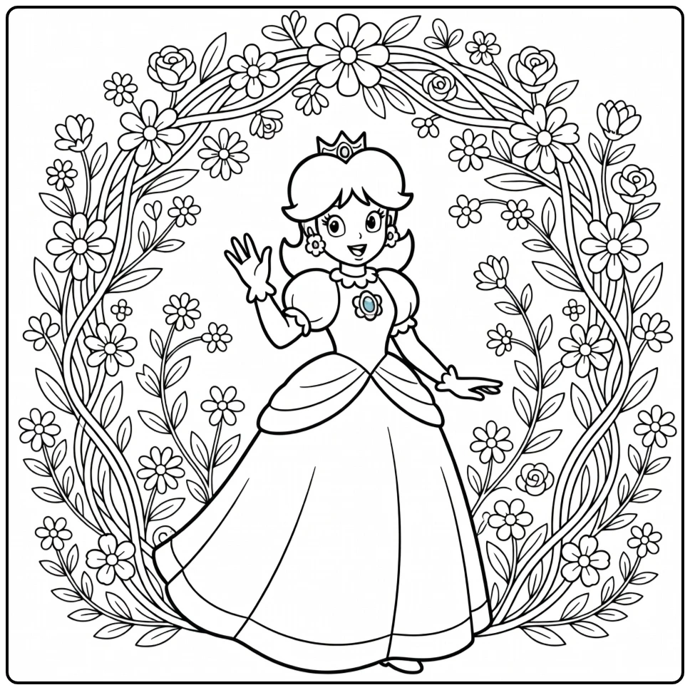 Leuke princess daisy kleurplaat onder een bloemenboog.