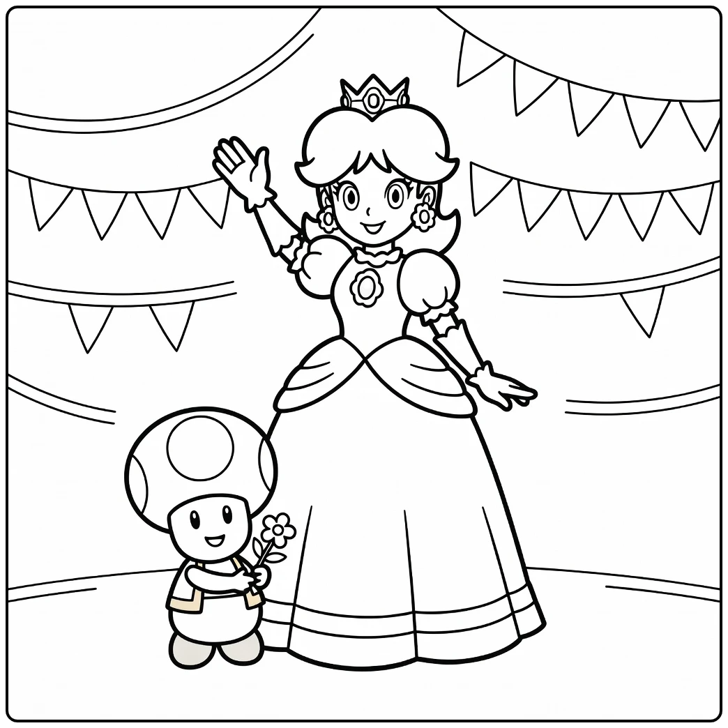 Feestelijke princess daisy kleurplaat met Toad en slingers.