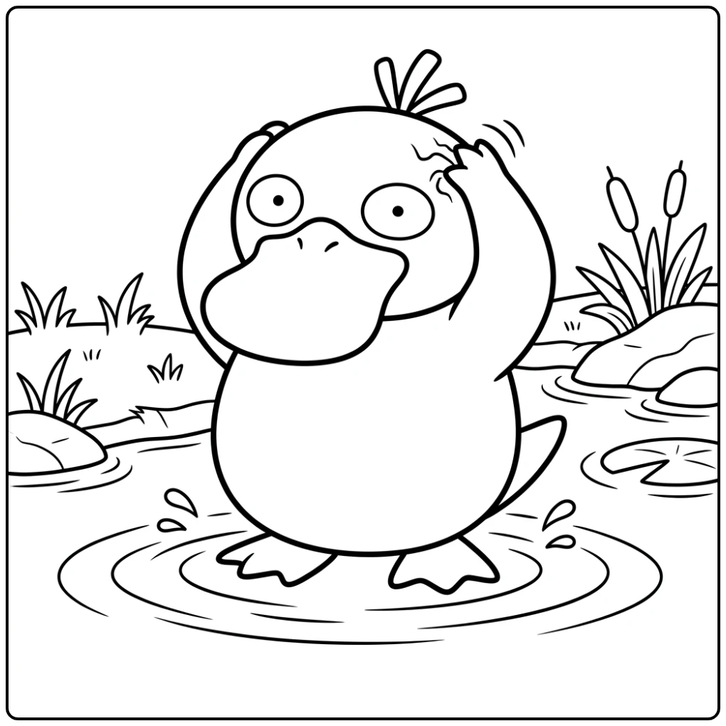 Verwarde Psyduck krabt aan zijn hoofd, pokemon kleurplaat makkelijk.