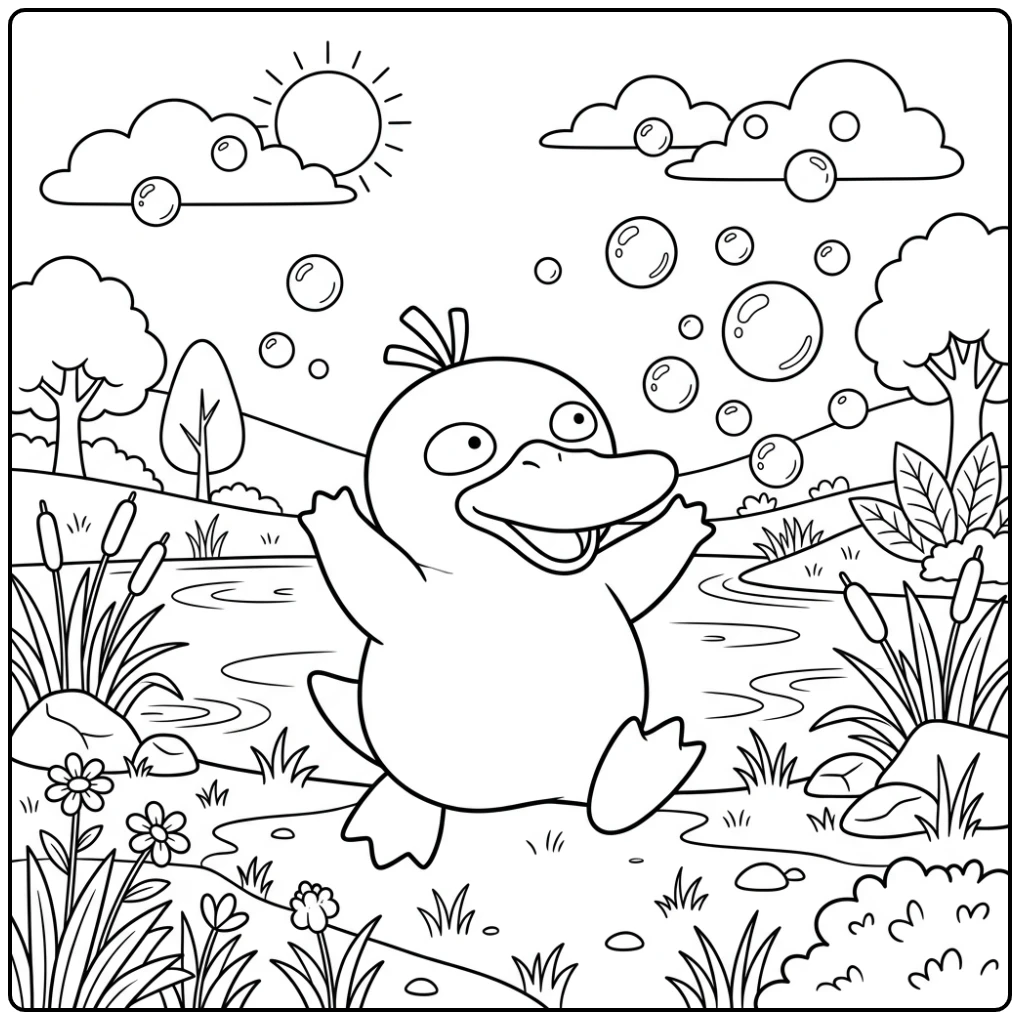 Psyduck jaagt bubbels achterna bij een vijver, een vrolijke psyduck kleurplaat.