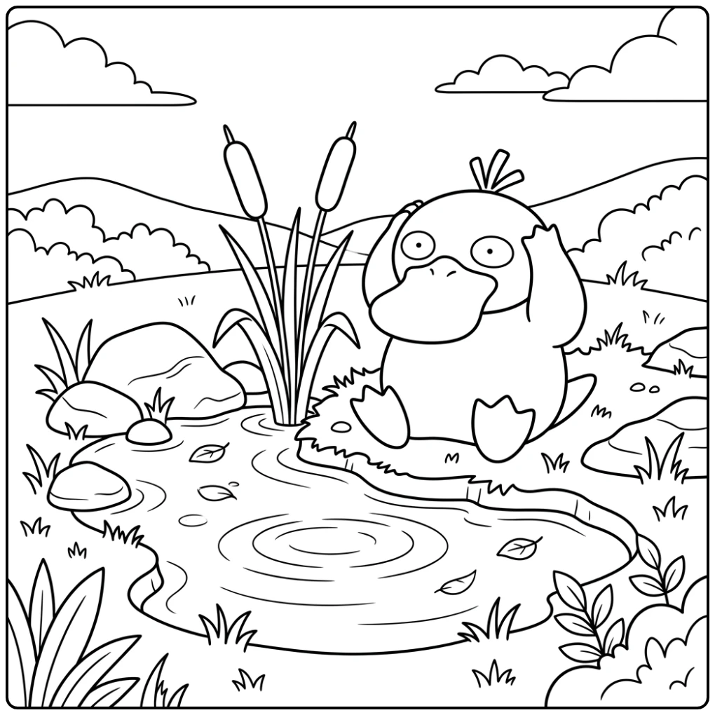 Verwarde Psyduck kleurplaat bij vijver; rustige natuurscène