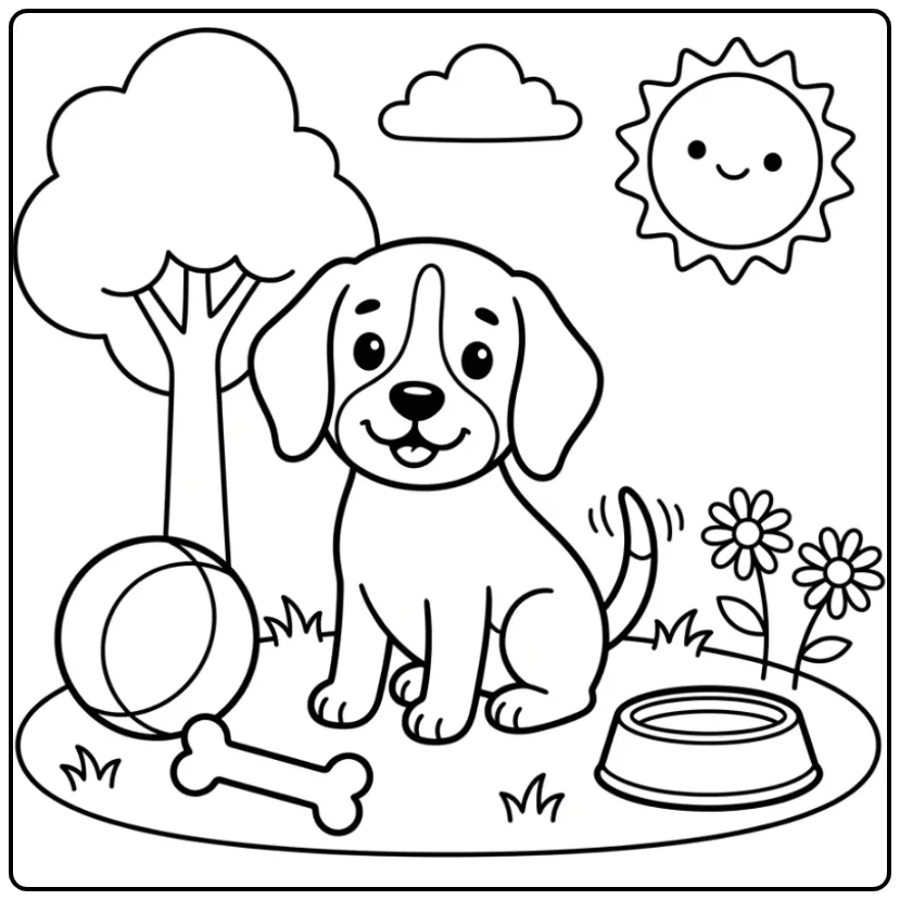 Schattige beagle puppy kleurplaat makkelijk met speelgoed.