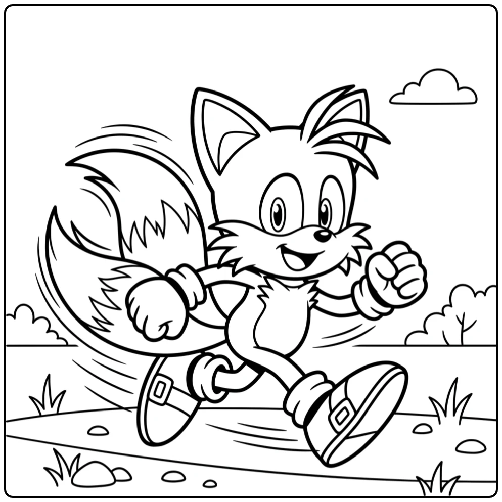 Snelle Tails kleurplaat, vrolijk rennend met bewegingslijnen