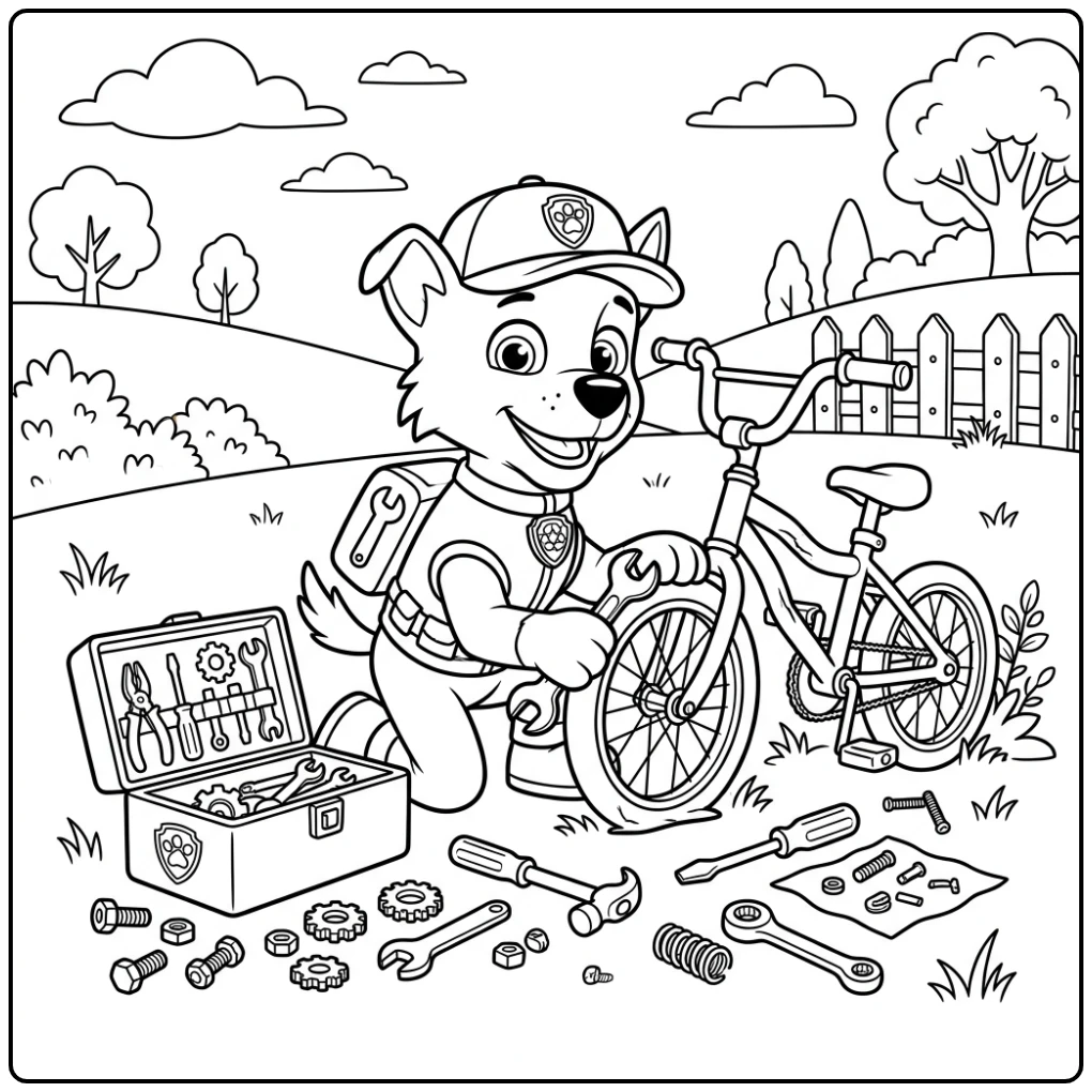 Rocky Paw Patrol kleurplaat: Rocky repareert fiets met gereedschap.