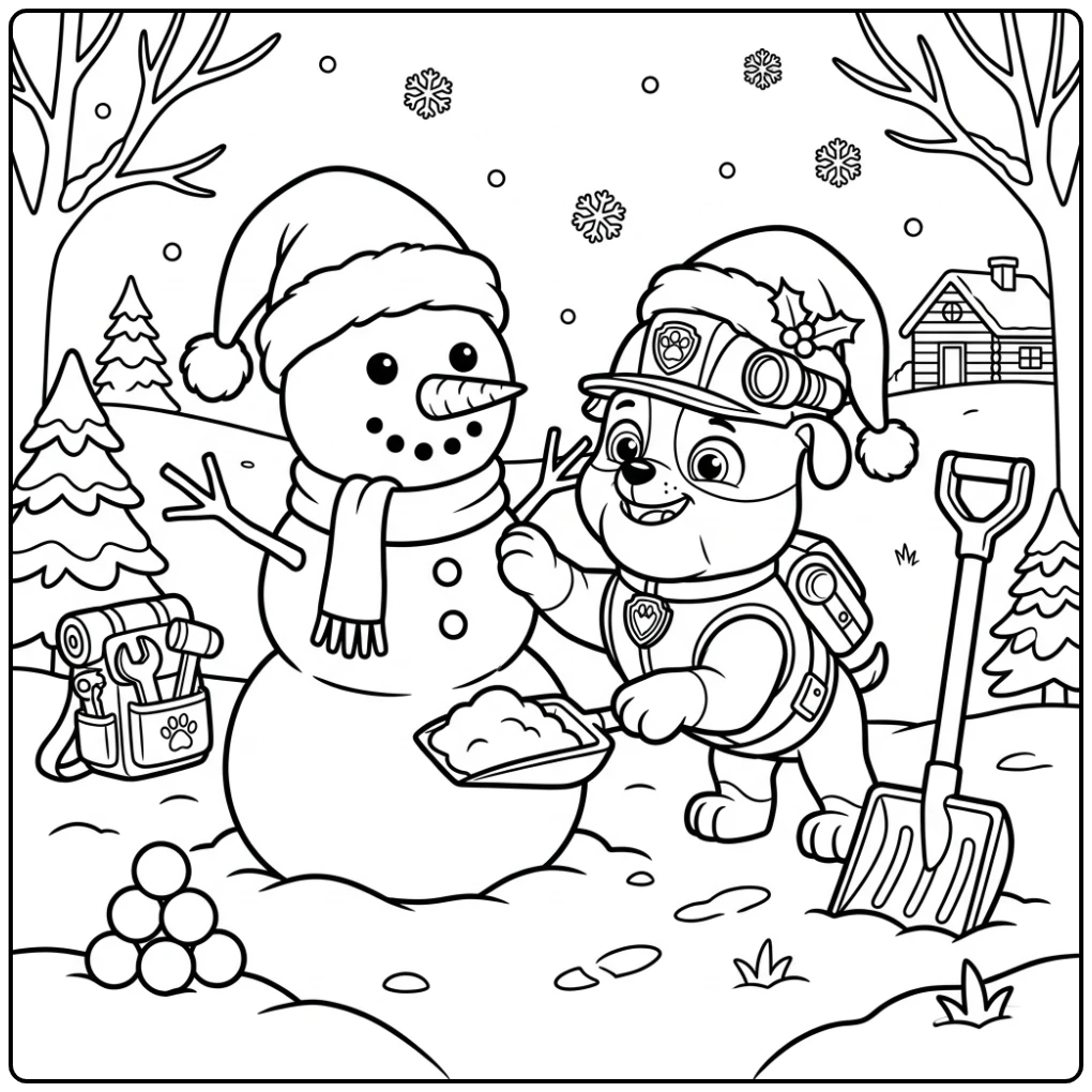 Rubble bouwt vrolijk een sneeuwman voor deze paw patrol kerst kleurplaat.