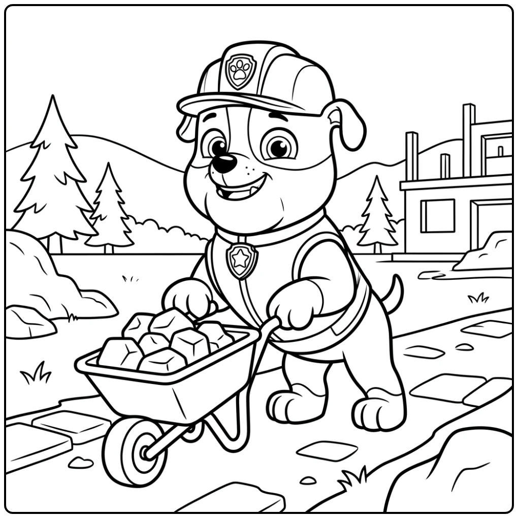 Rubble duwt kruiwagen, een paw patrol kleurplaat makkelijk om te kleuren.