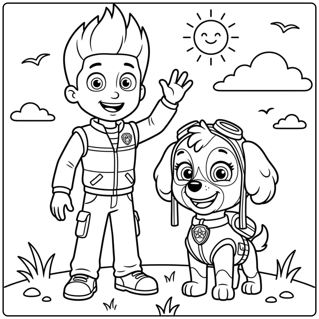 Ryder paw patrol kleurplaat: blije Ryder zwaait naast Skye in de zon.