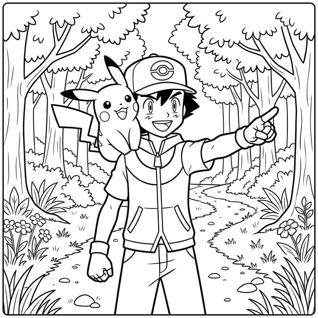 Satoshi wijst de weg op deze leuke pikachu kleurplaat.