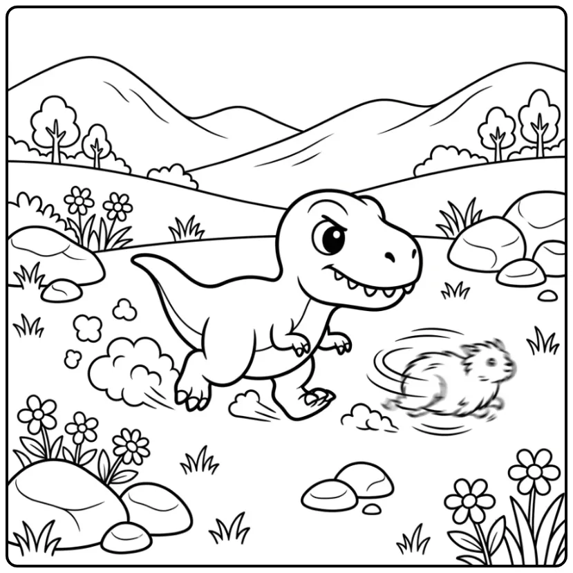 Een rennende en schattige scorpius rex kleurplaat in de natuur.