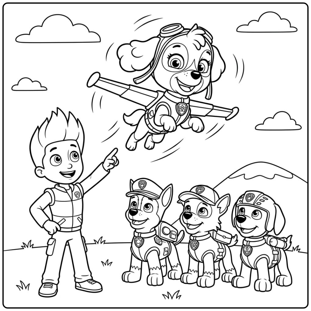 Skye Paw Patrol kleurplaat: Skye vliegt, vrienden kijken blij omhoog.