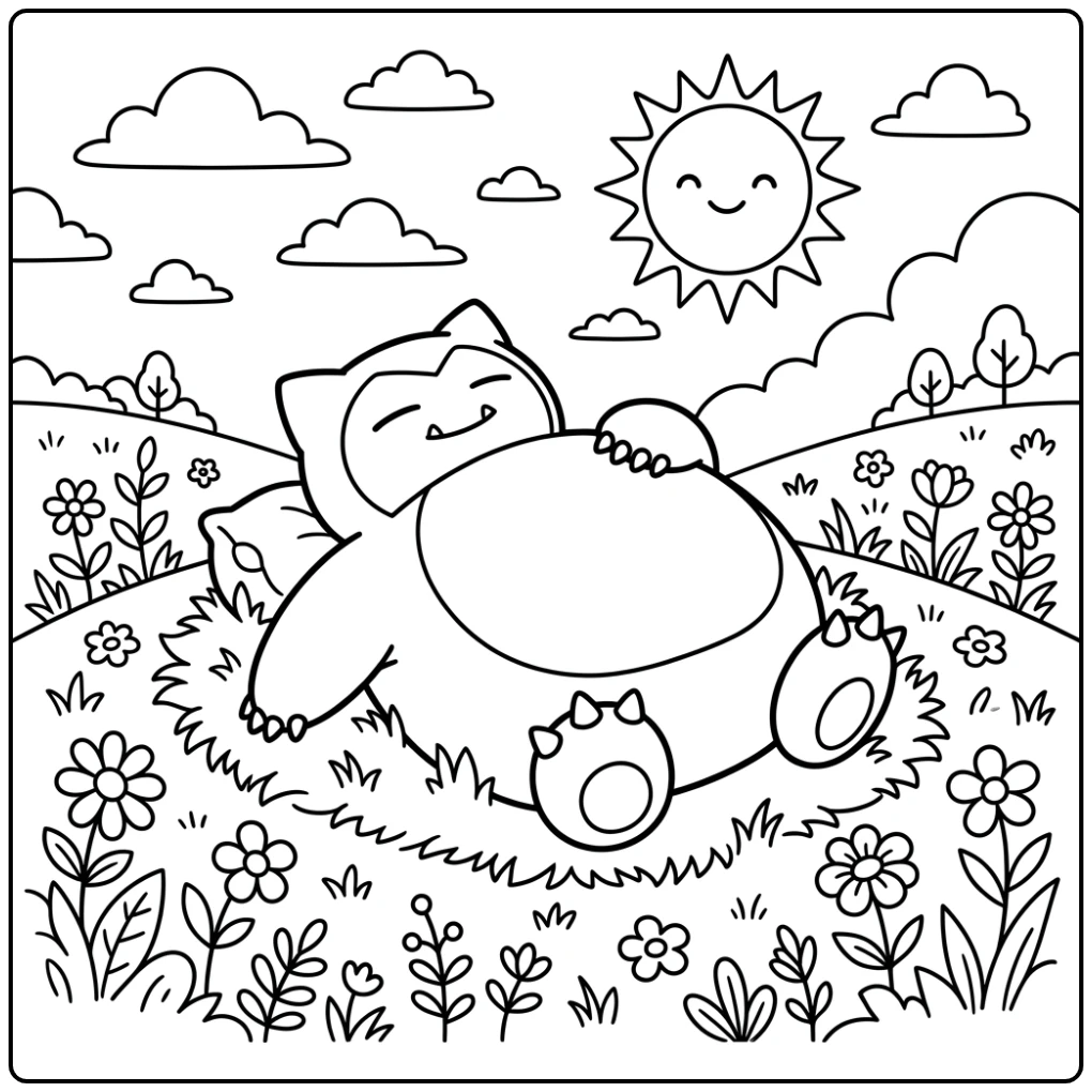 Slapende Snorlax op een heuvel, perfecte snorlax kleurplaat