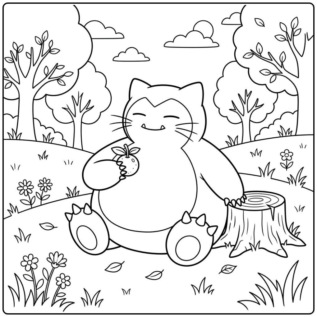 Snorlax met fruit, een ontspannende pokemon kleurplaat makkelijk