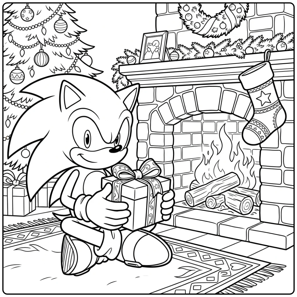 Sonic kerst kleurplaat: Sonic bij open haard met cadeau en kous.