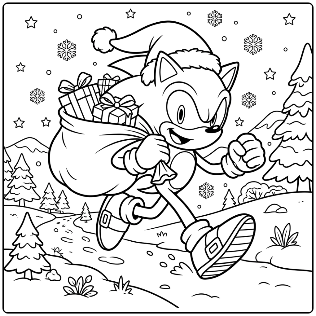 Sonic rent vrolijk met kerstcadeaus in deze sonic kerst kleurplaat.