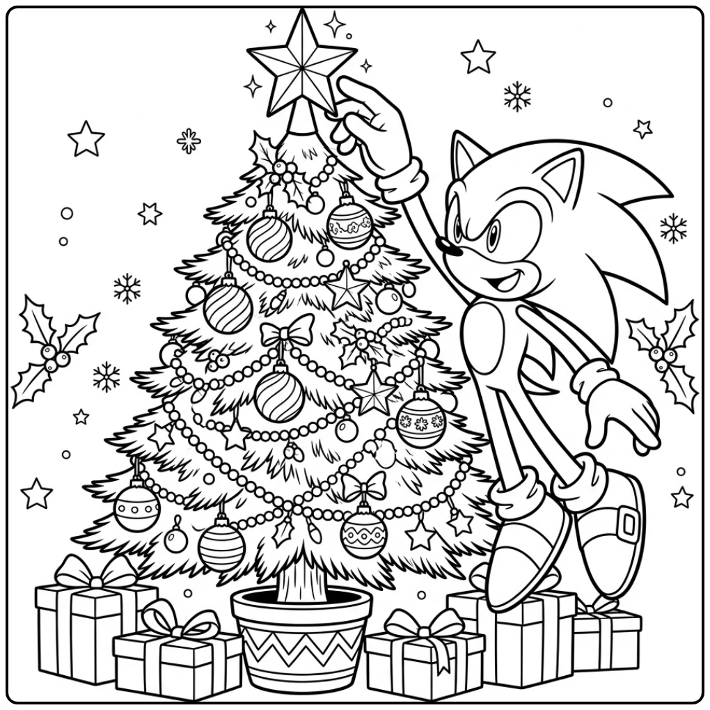 Sonic versiert kerstboom, de ideale sonic kerst kleurplaat voor fans.