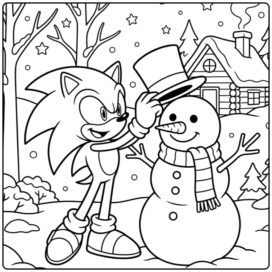 Sonic bouwt een blije sneeuwpop: een leuke sonic kerst kleurplaat