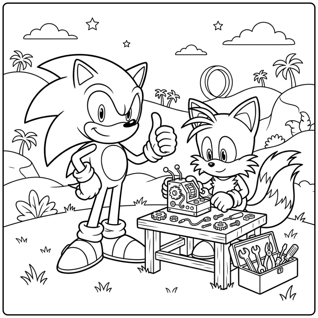 Sonic kleurplaat: Sonic en Tails werken aan een nieuw gadget.