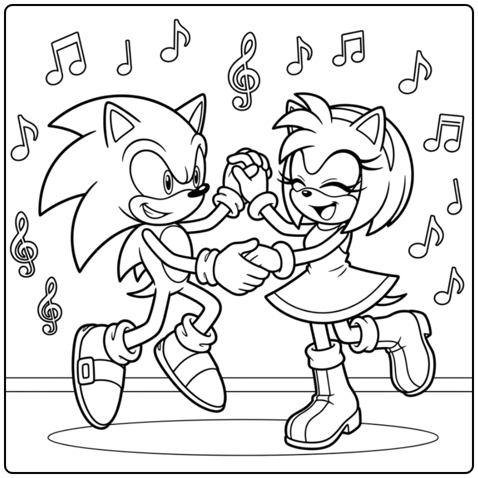 Sonic en Amy dansen vrolijk, een perfecte sonic kleurplaat.