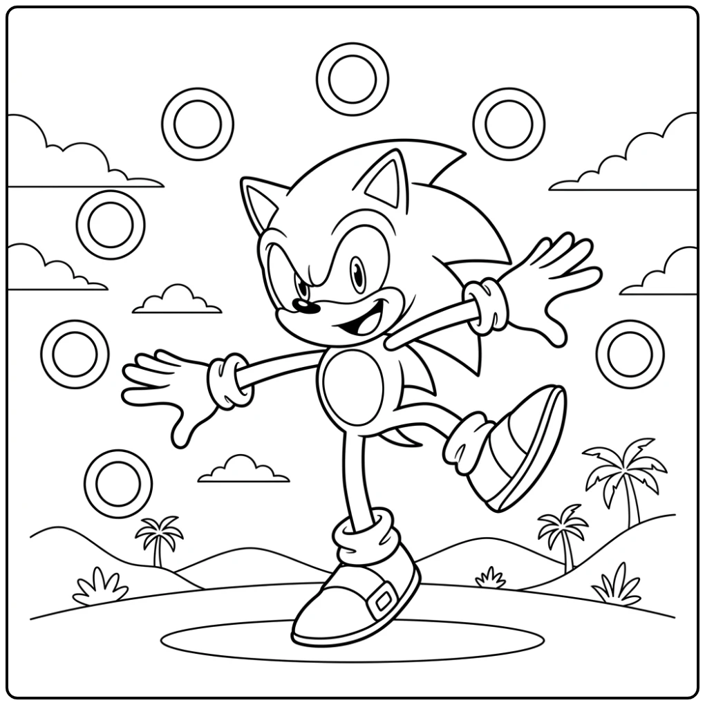 Speelse sonic kleurplaat: Sonic balanceert met zwevende ringen.