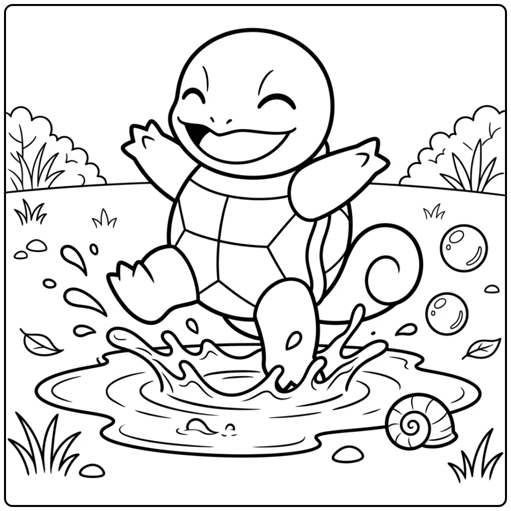 Schattige Squirtle spat water in een plas, een pokemon kleurplaat makkelijk