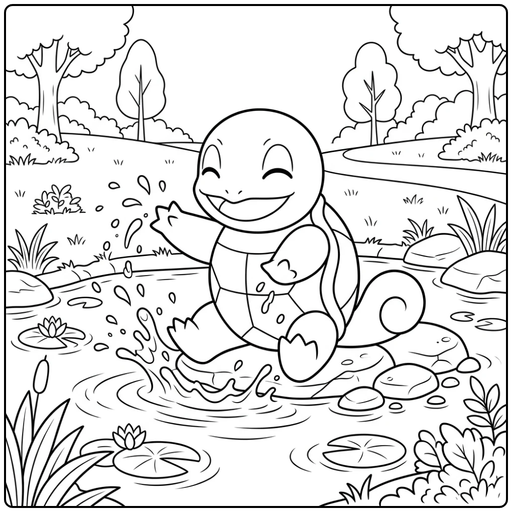 Speelse squirtle kleurplaat, Squirtle spat water in een parkvijver.