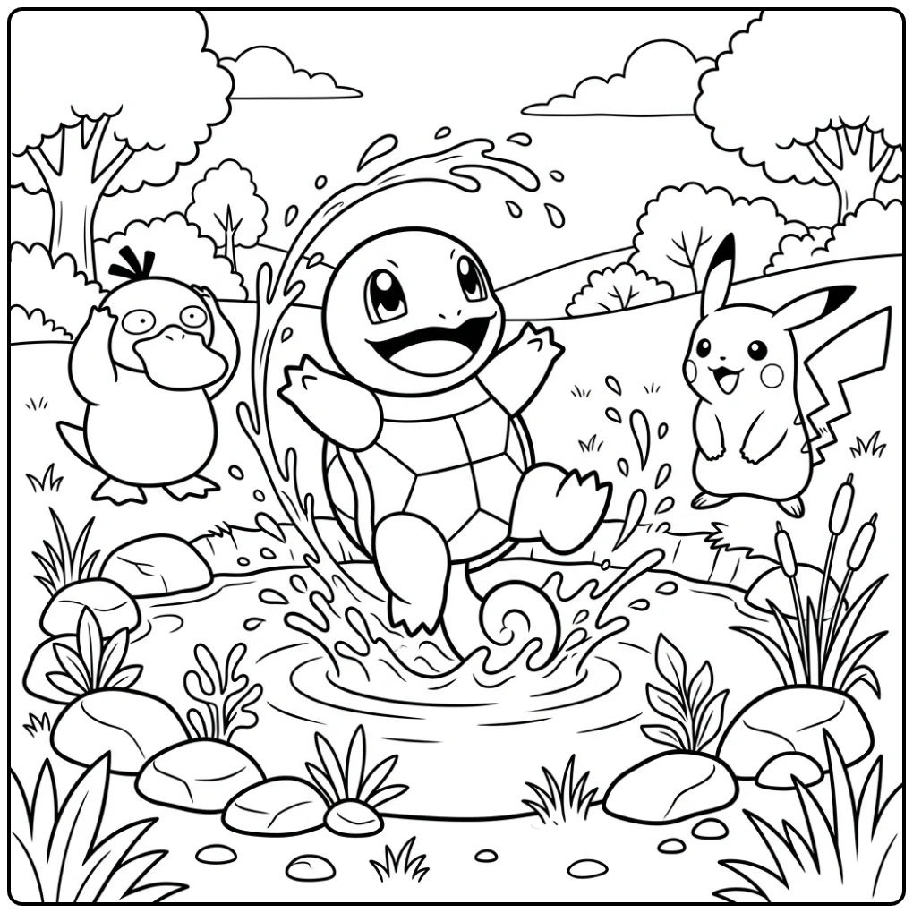 Leuke squirtle kleurplaat: Squirtle spat vrolijk water, met Pikachu.