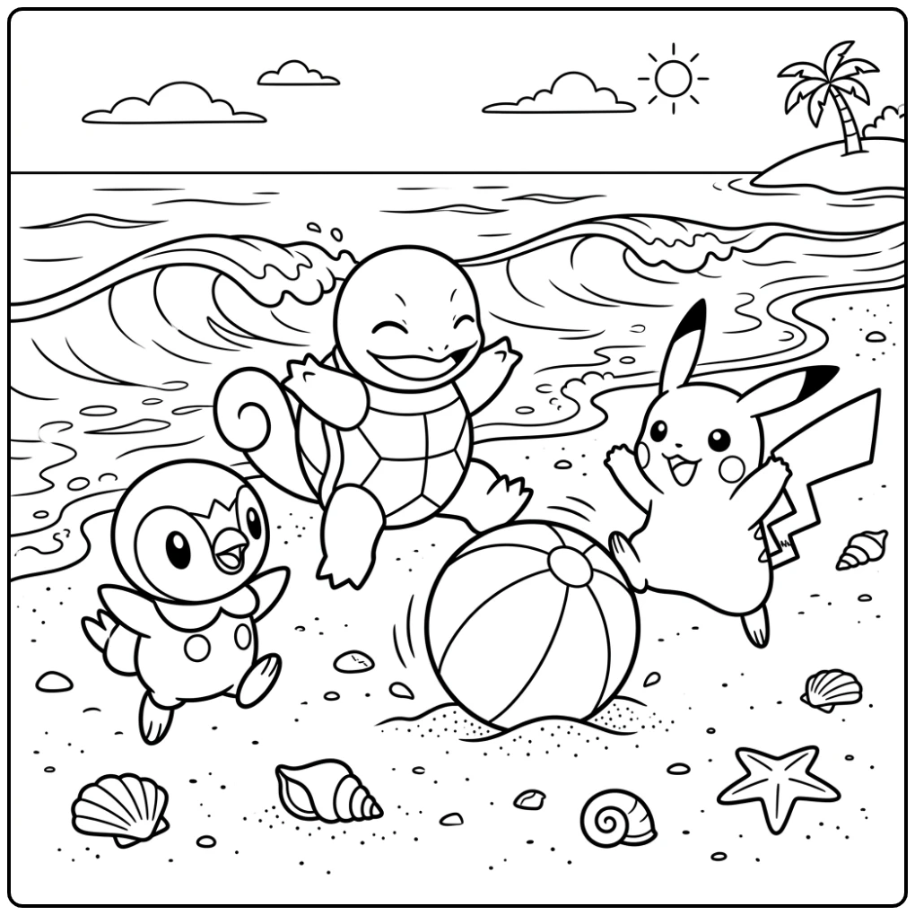Squirtle, Pikachu en Piplup spelen bal op een leuke squirtle kleurplaat.