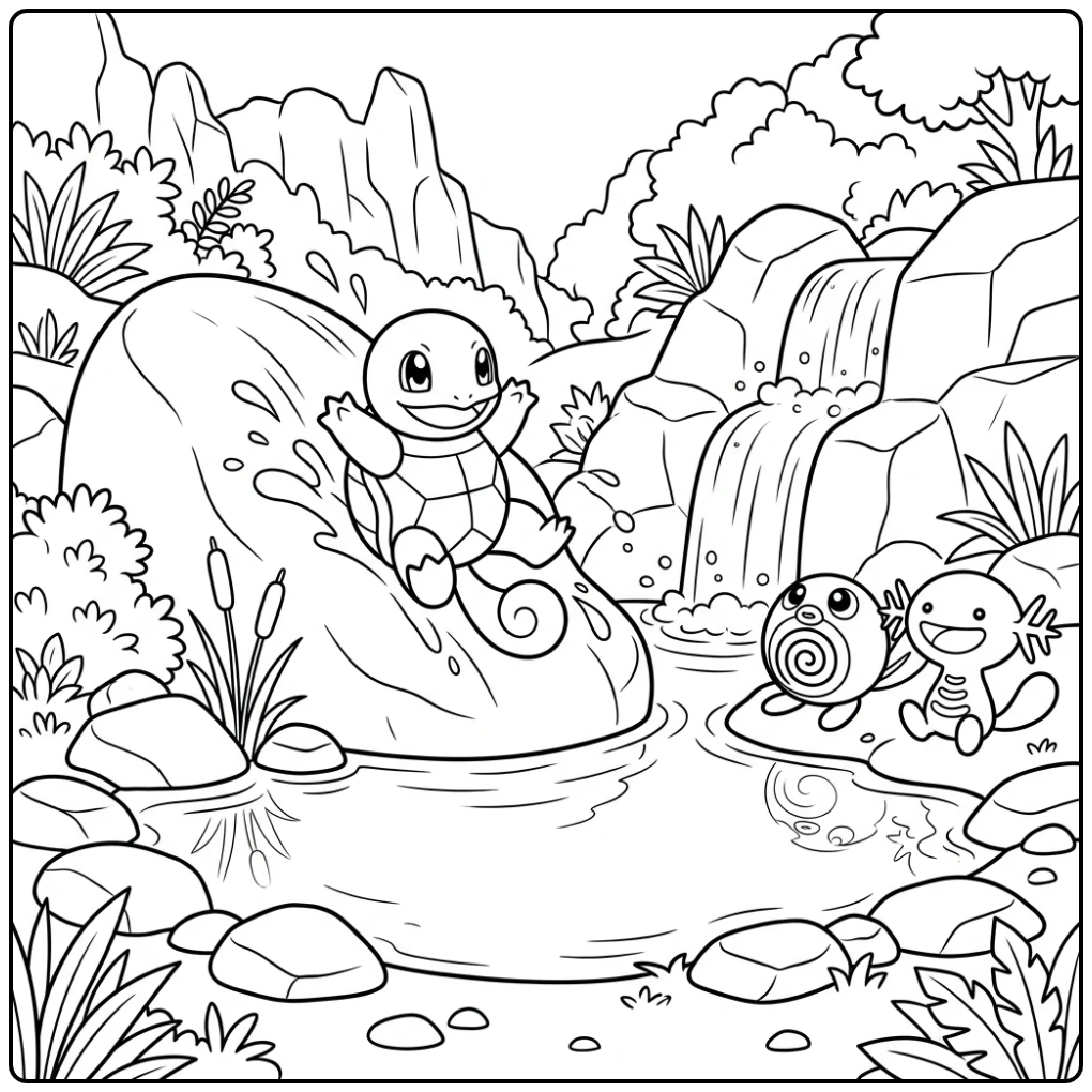 Levendige squirtle kleurplaat: Squirtle glijdt van rots af.