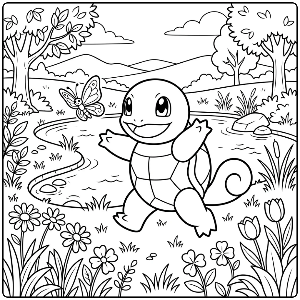 Leuke squirtle kleurplaat: Squirtle jaagt vlinder bij vijver.