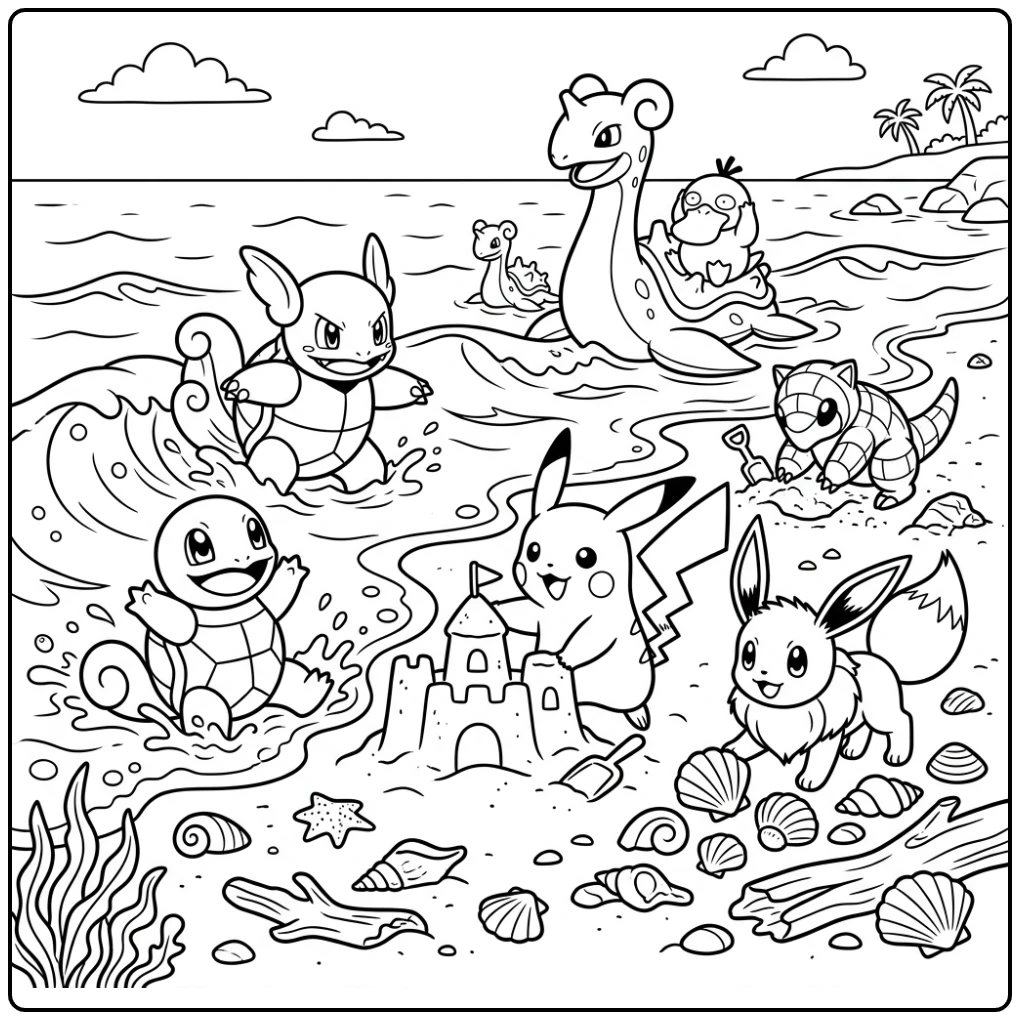 Pokemon kleurplaat van Pikachu en vrienden op het strand.