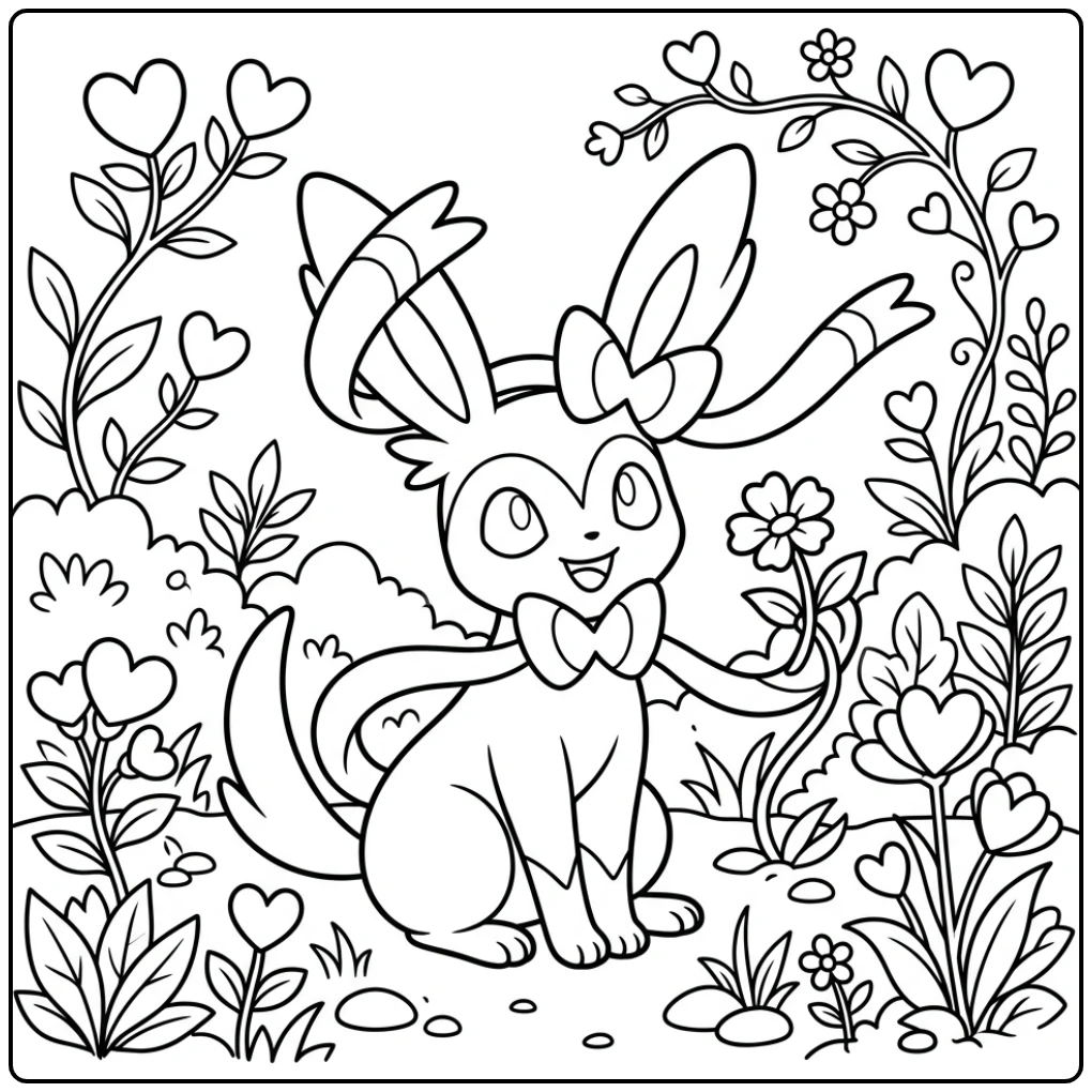 Schattige sylveon kleurplaat in een vrolijke tuin met bloemen