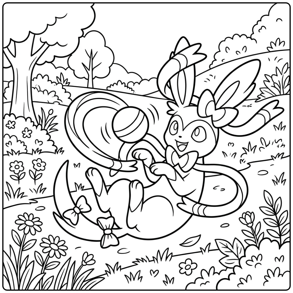 Speelse sylveon kleurplaat: Sylveon ligt op rug, speelt met bal.