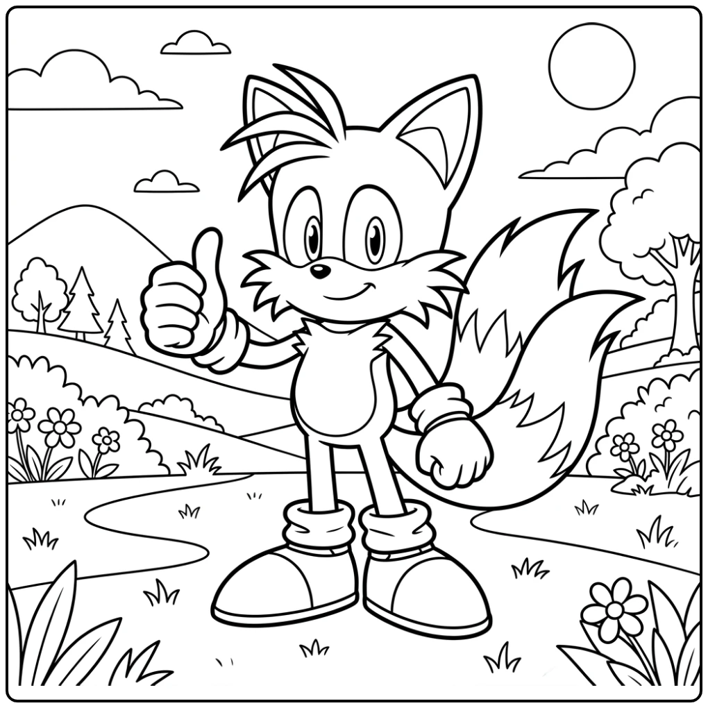 Tails kleurplaat van Tails met duim omhoog en zelfverzekerde glimlach.