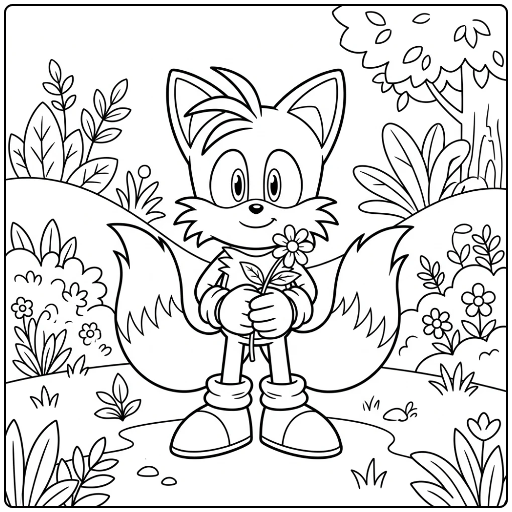 Lachende Tails met bloem, een heerlijke tails kleurplaat voor fans.