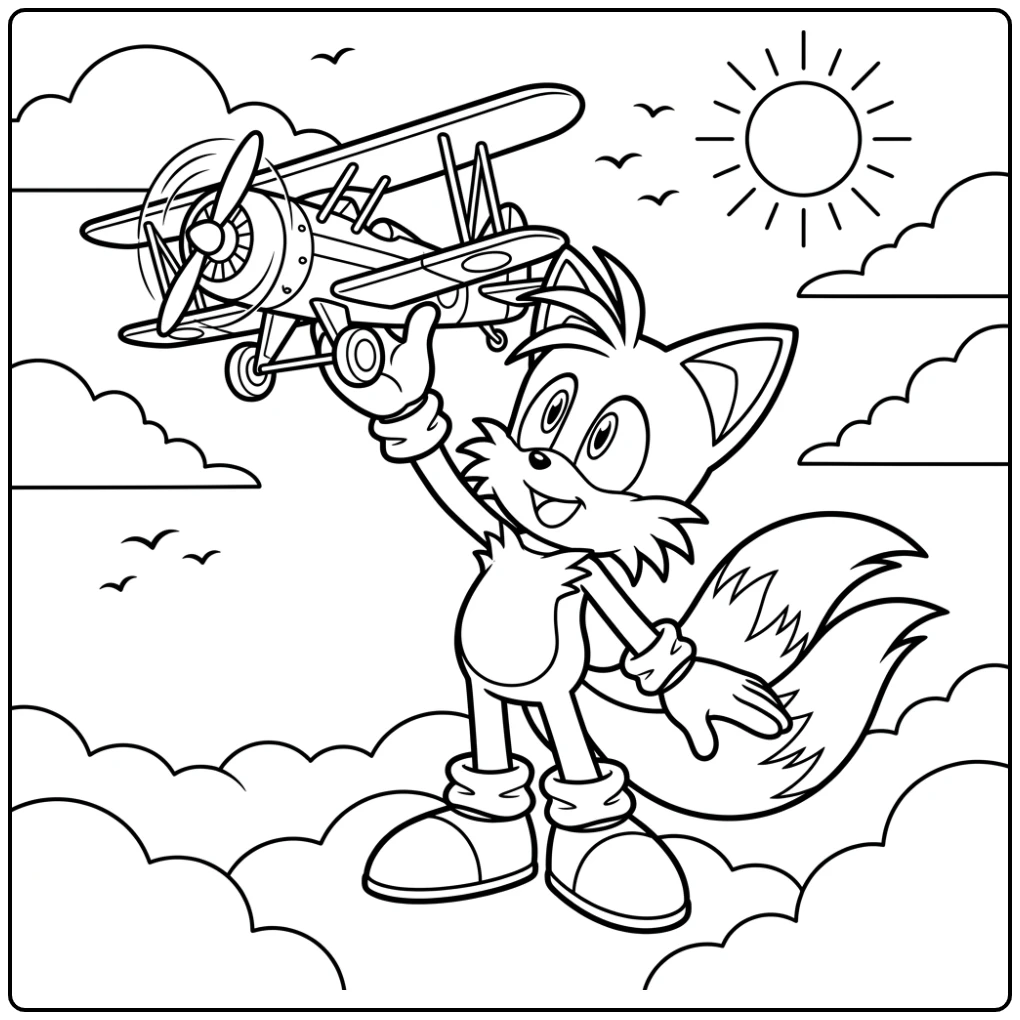 Tails speelt met vliegtuigmodel op deze leuke tails kleurplaat.
