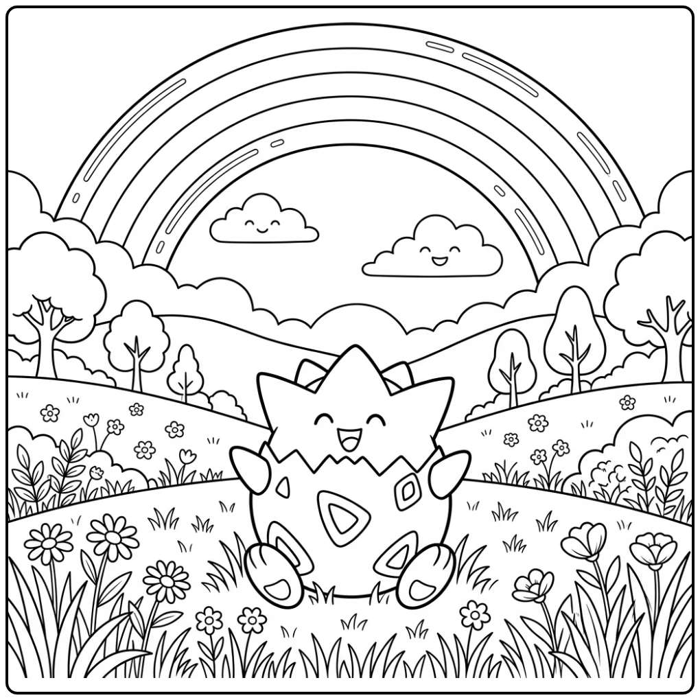 Togepi zit blij in gras onder een regenboog - kleurplaat pokemon regenboog