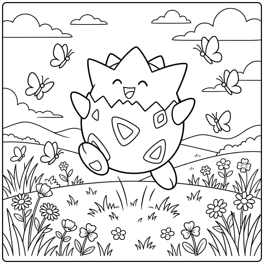 Togepi kleurplaat pokemon schattig springt vrolijk tussen bloemen.