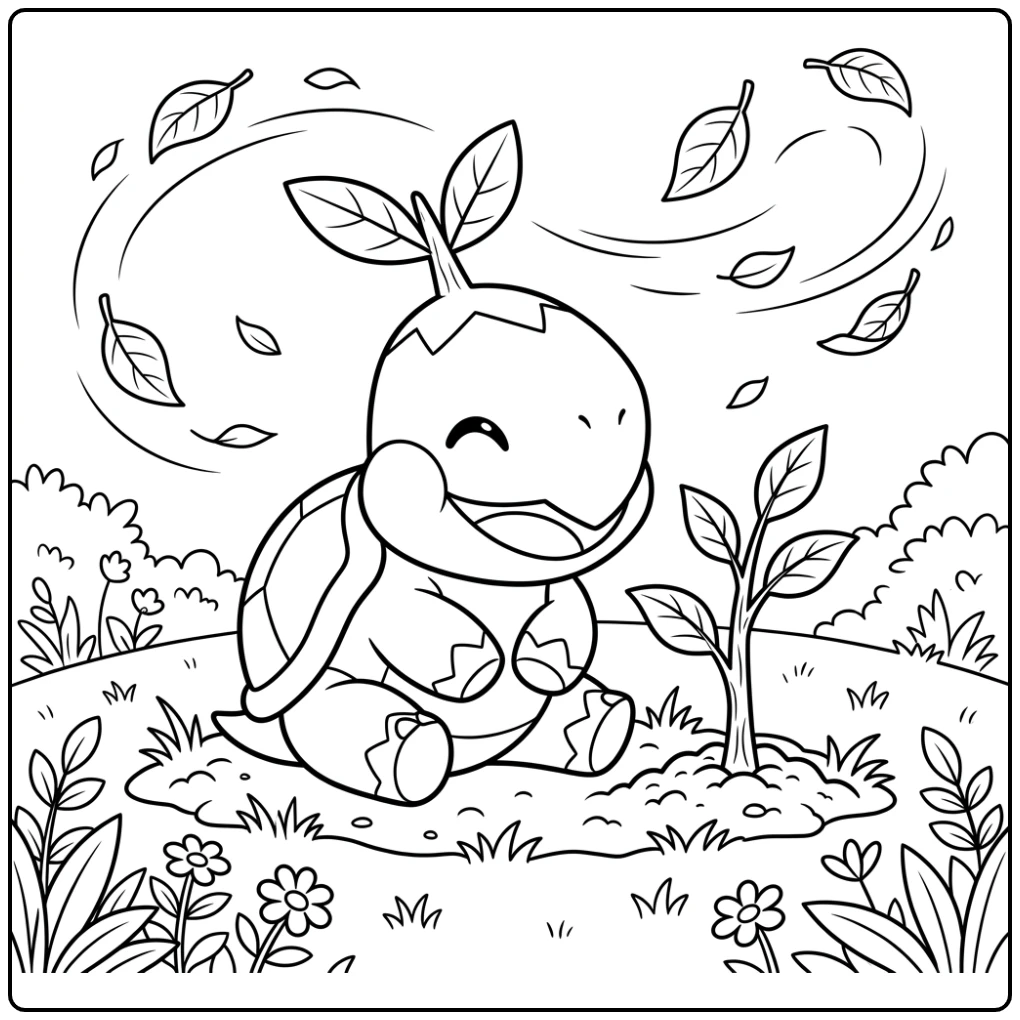 Kleurplaat pokemon schattig: vrolijke Turtwig bij boompje.