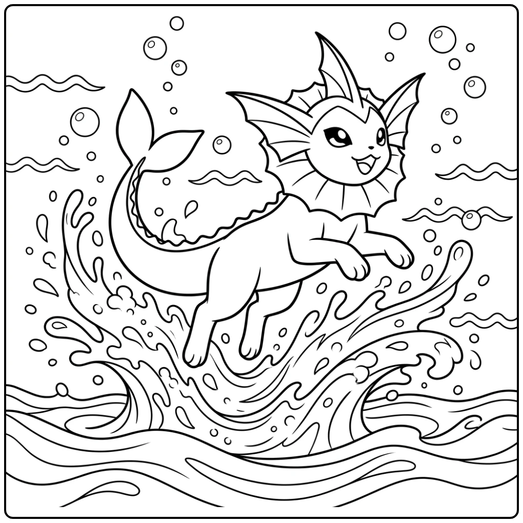 Speelse vaporeon kleurplaat springt uit water met vrolijke spetters