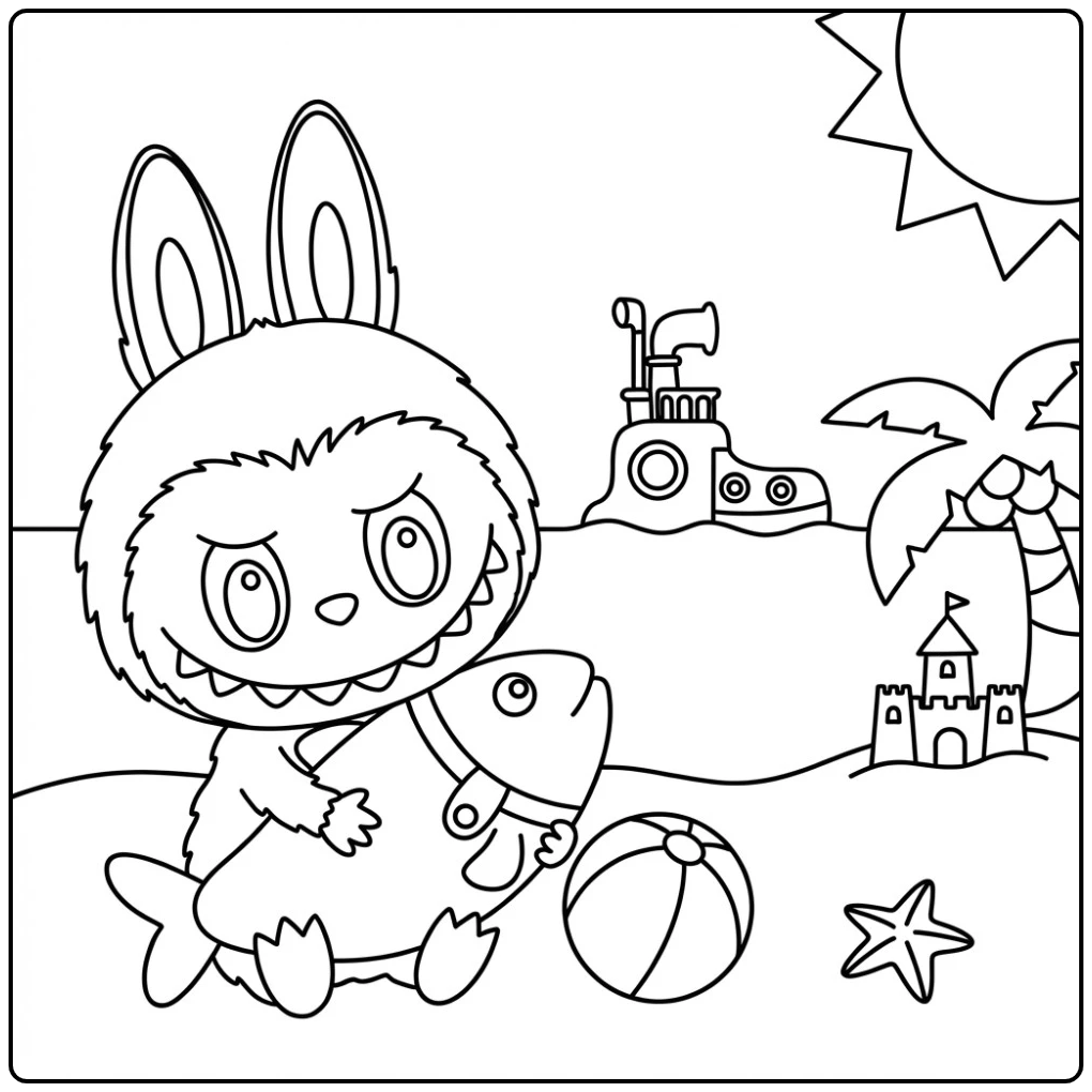 Vissen kleurplaat van een wezen met grote vis op het strand.