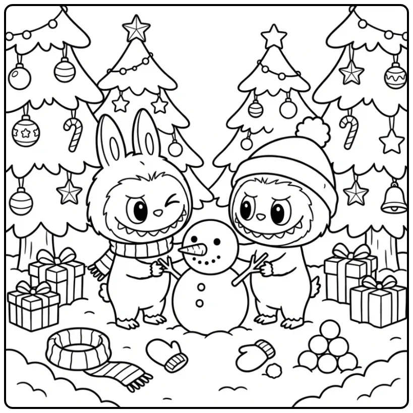 Twee Labubus bouwen een sneeuwpop op deze kleurplaat labubu kerst.
