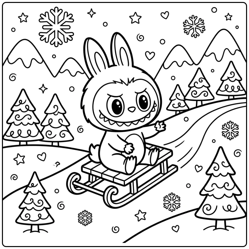 Schattige labubu kleurplaat glijdend van een sneeuwheuvel.