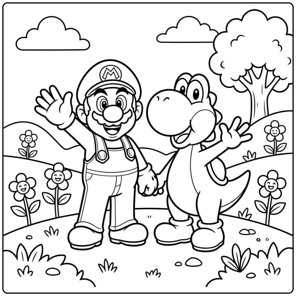 Yoshi en Mario zwaaien vrolijk, een ideale yoshi mario kleurplaat.