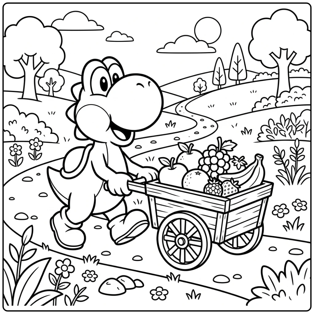 Yoshi kleurplaat: Yoshi duwt vrolijk een kar vol vers fruit op een pad.