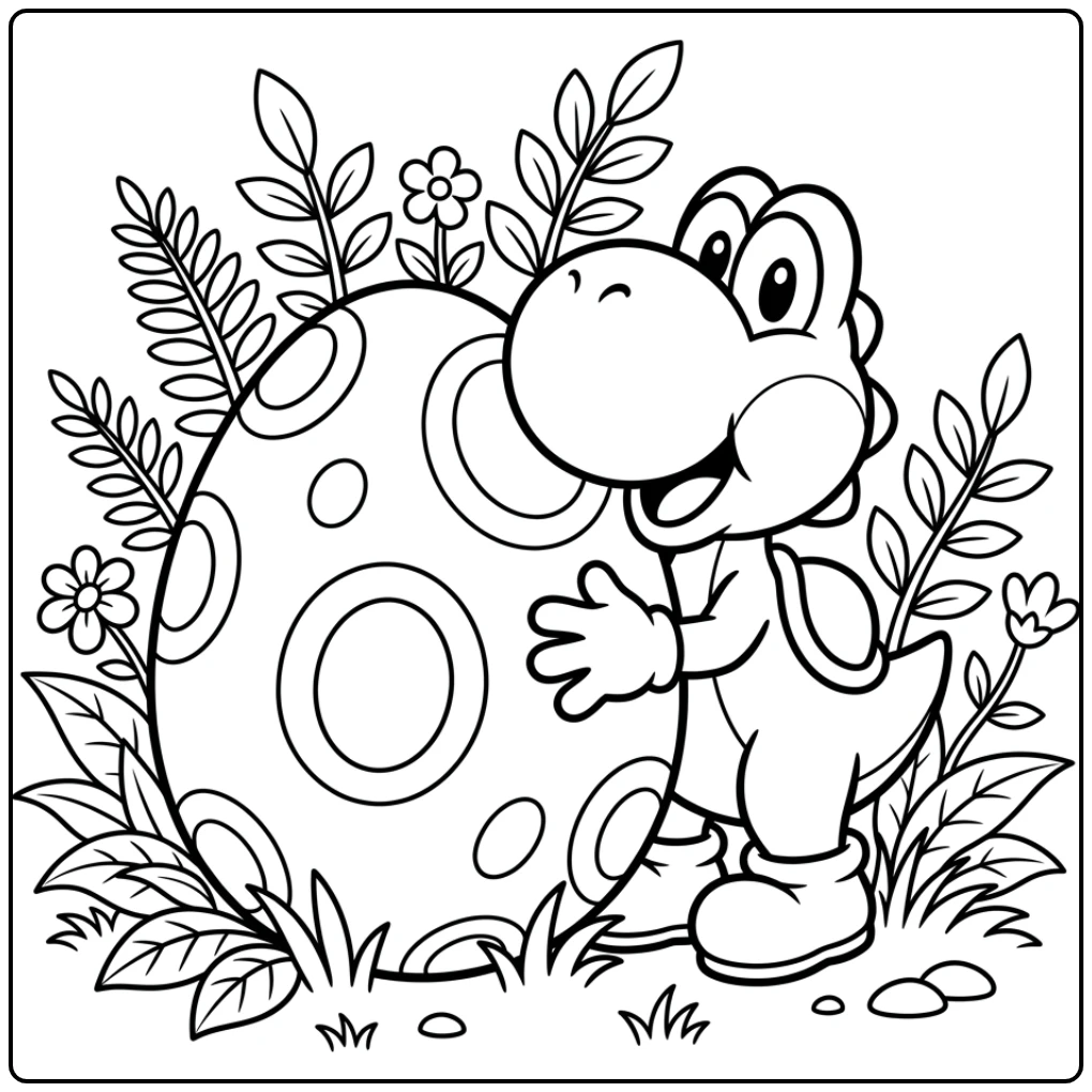 Leuke yoshi kleurplaat: Yoshi gluurt ondeugend achter een ei vandaan.
