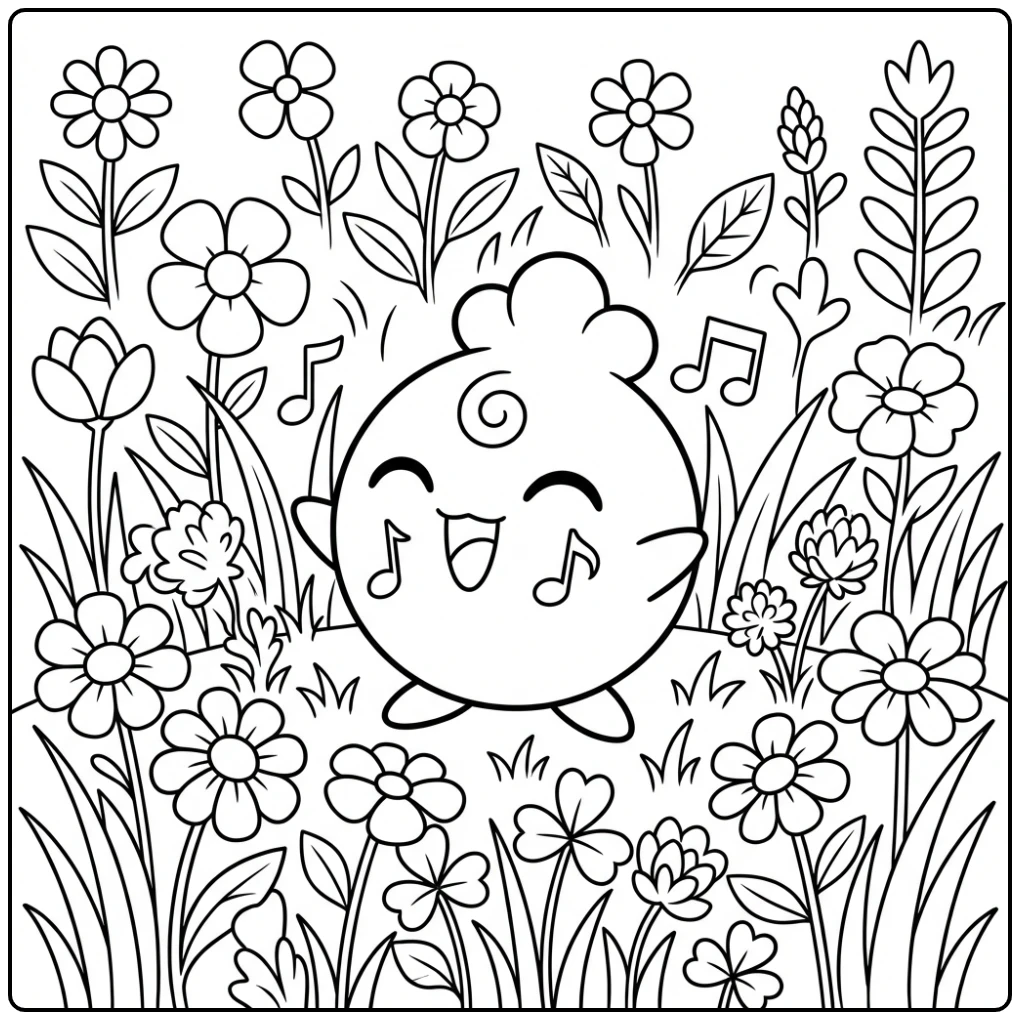 Pokemon Igglybuff kleurplaat in een weide vol bloemen.