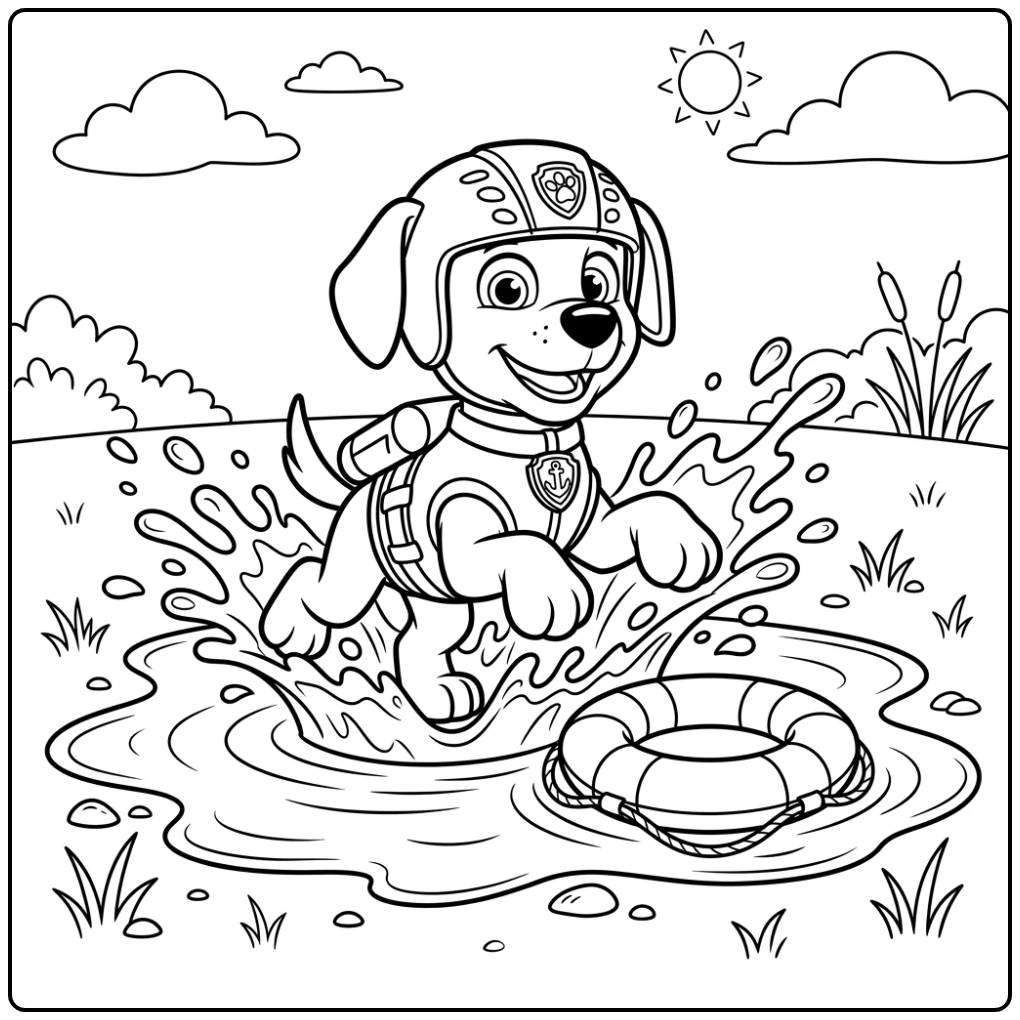Zuma spat in de plas, een paw patrol kleurplaat makkelijk voor plezier.