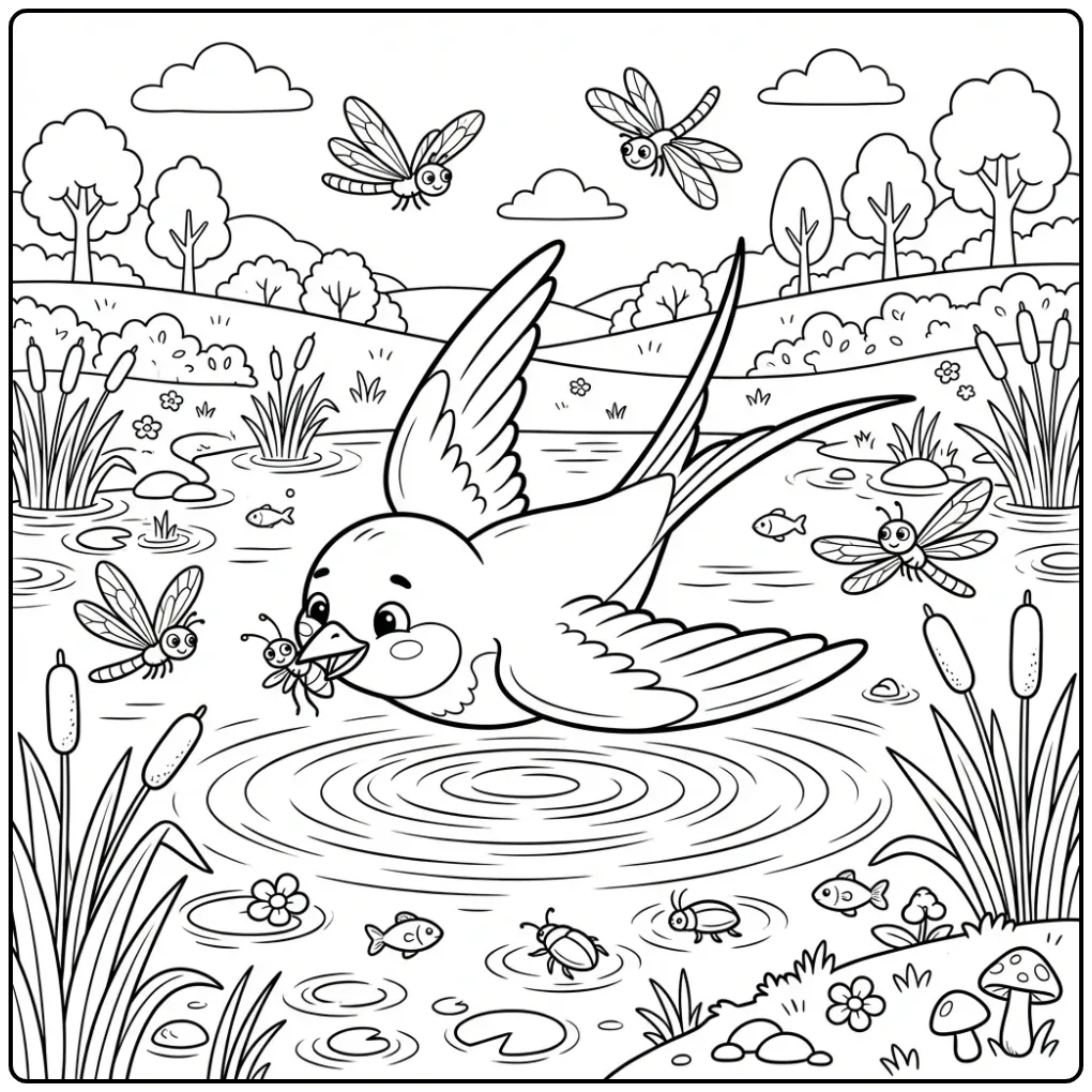 Zwaluw kleurplaat vliegend boven water en riet.