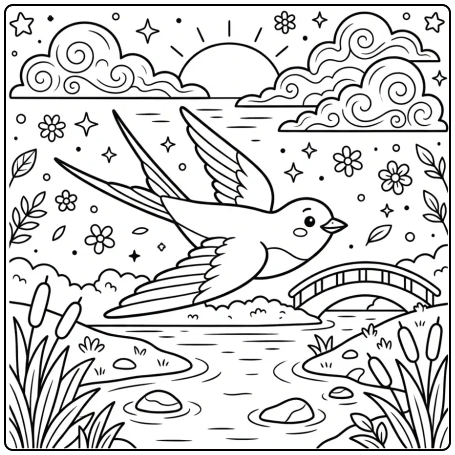 Een sierlijke zwaluw kleurplaat boven een rustige rivier.