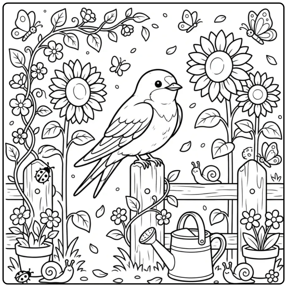 Schattige zwaluw kleurplaat op een tuinhekje met bloemen.